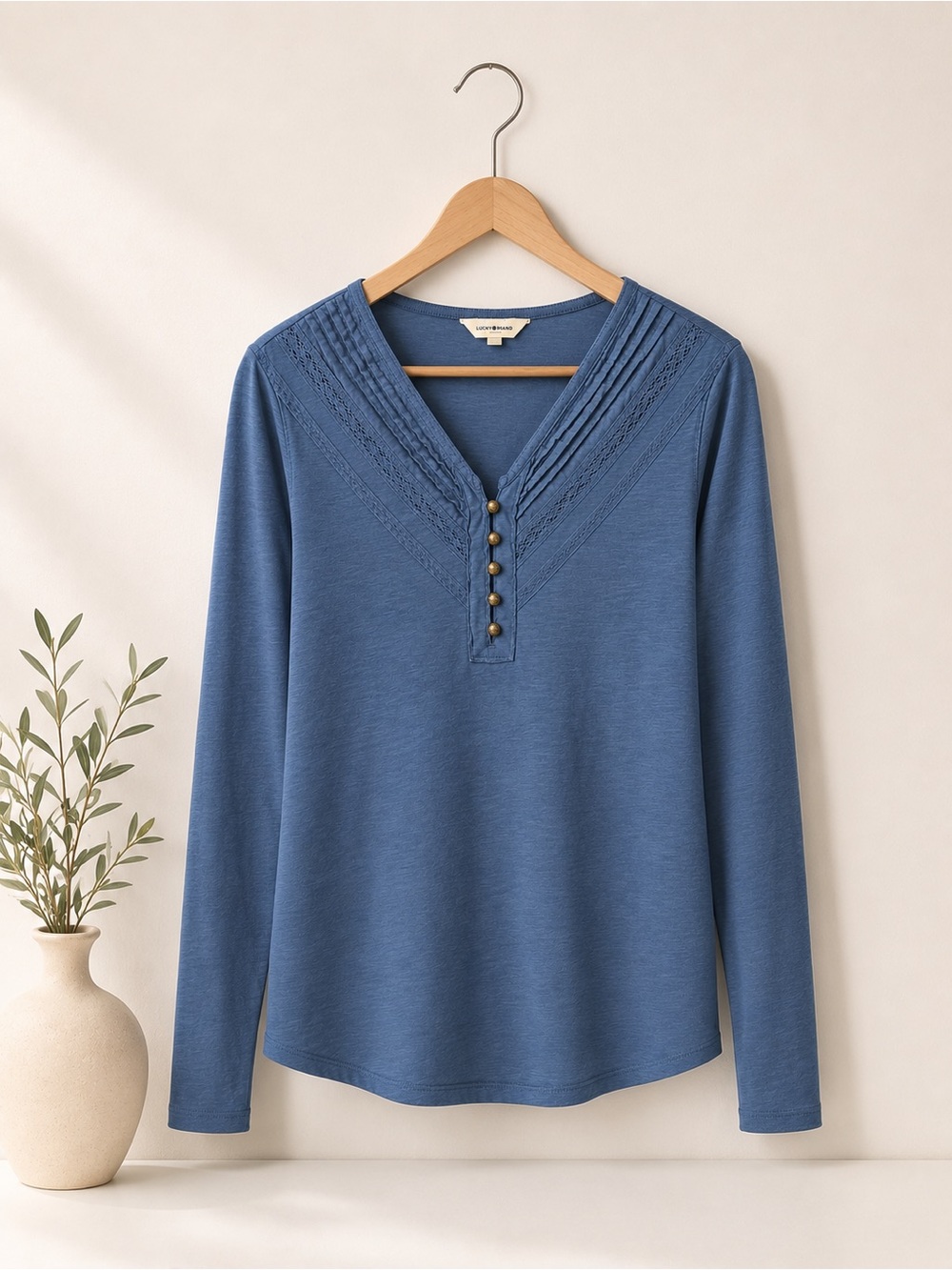 Lucky Brand Dusty Blue Long-Sleeve V-Neck Top with Lace Trim (355)